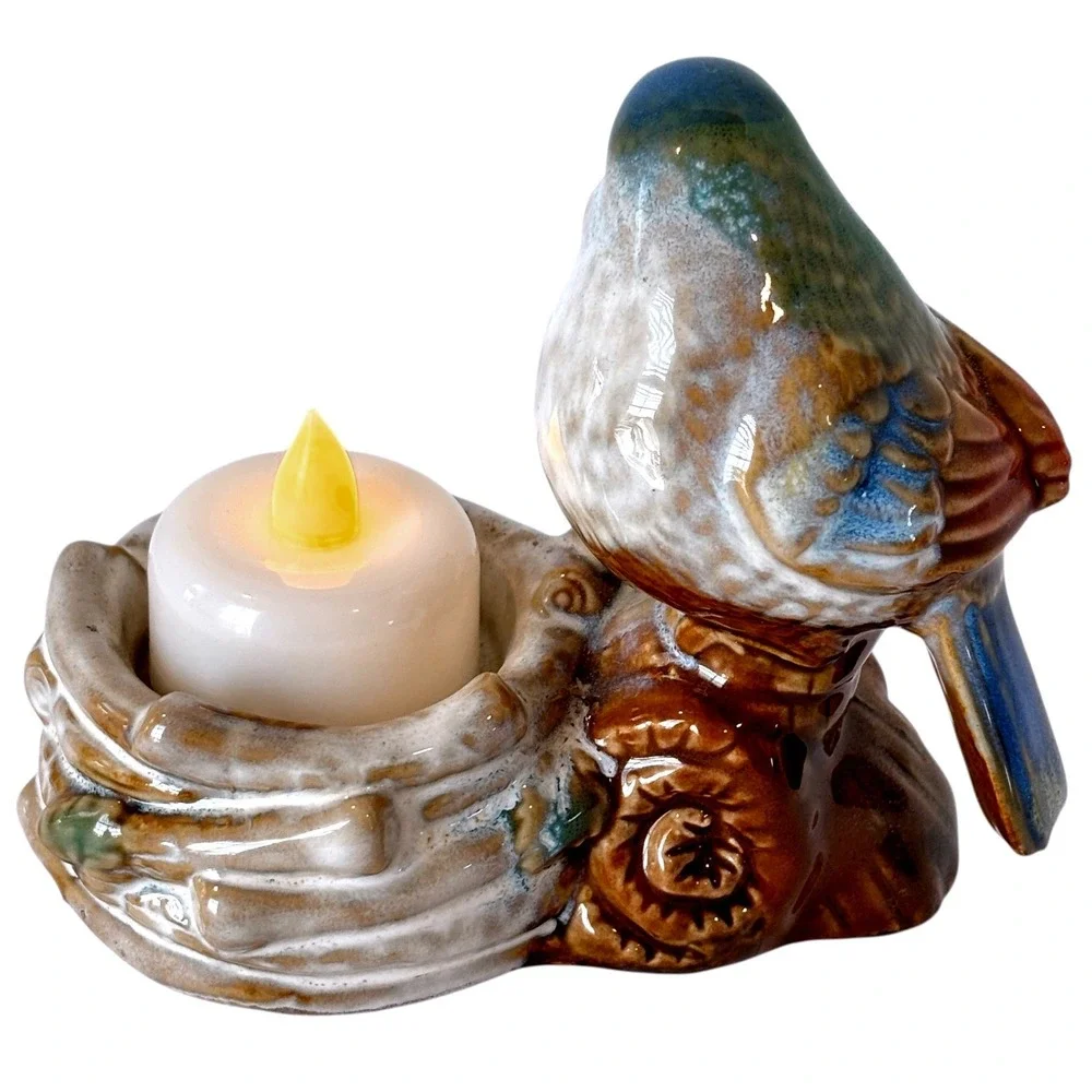 Majolica Style Ceramic Songbird Nest Votive Tealight Candle Holder Vintage